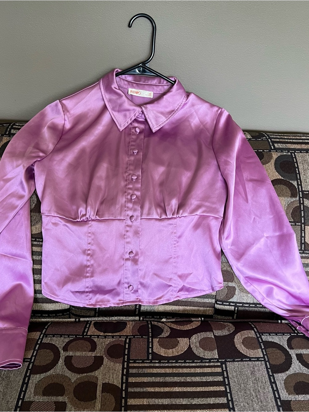 Nannette Satin Button-Front Blouse in Dusty Lavender